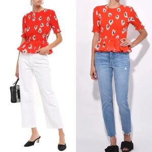 GANNI Linaria Smocked Peplum Top – Big Apple Red Floral – Size 36 (XS)